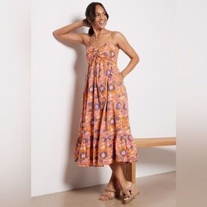 Cleobela‎ || Oliana Cotton Floral Midi Dress in Tropique Orange Small